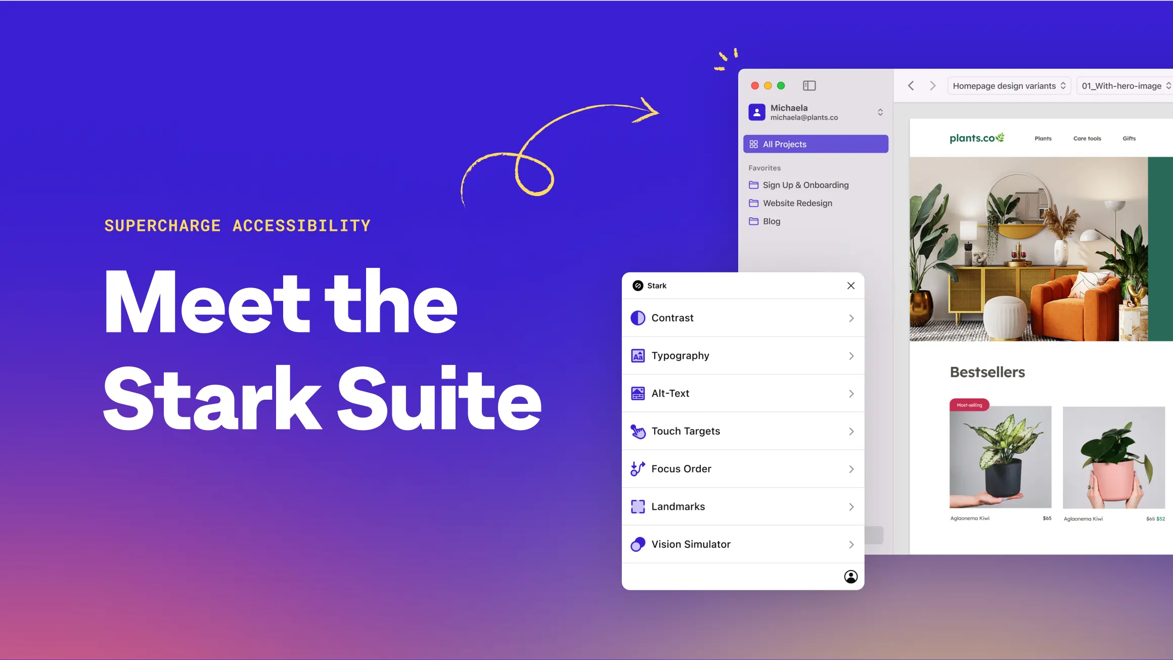 Preview image for the 'Meet the Stark Suite' video. Shows the Stark for Mac app with the main menu of the Stark plugin floating next to it on the left.